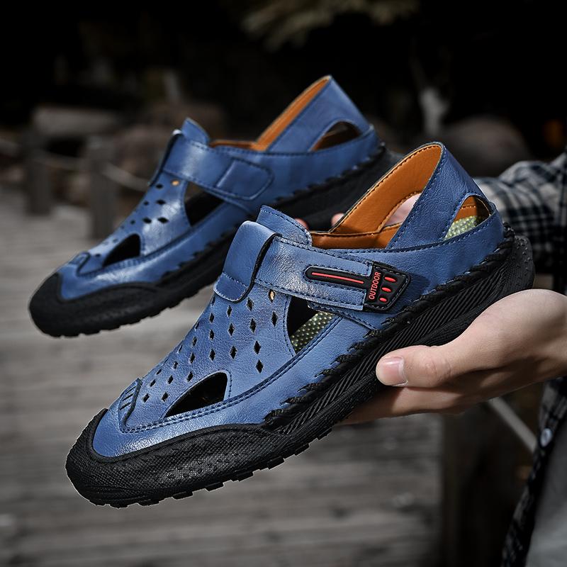 Мужские повседневные дышащие мягкие сандалии из натуральной кожи с ручной строчкой