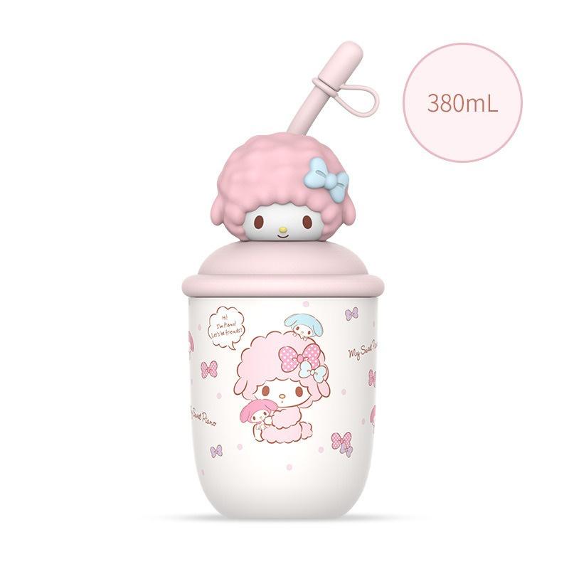 X&W 380 мл Термобутылка Hello Kitty из нержавеющей стали Мультяшные стаканы для напитков Портативный стакан для молочного чая с соломинкой и милой 3D-куклой на крышке