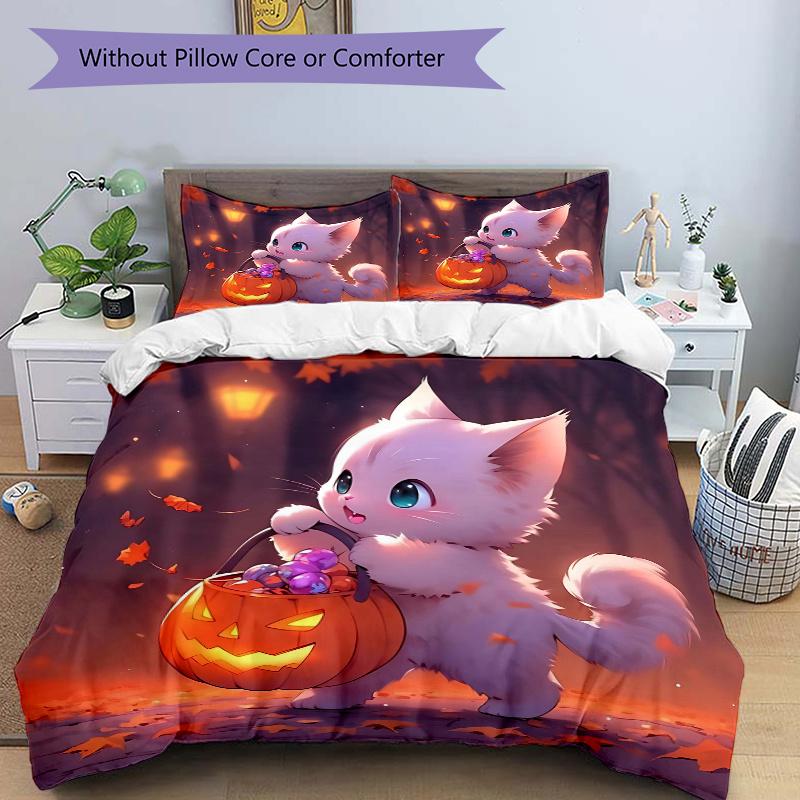3pcs White Cat Holding Pumpkin Lantern Quilt Cover Set - Soft & Comfortable Polyester Fabric, All-Season Breathable Comforter Set For 1 Quilt Cov