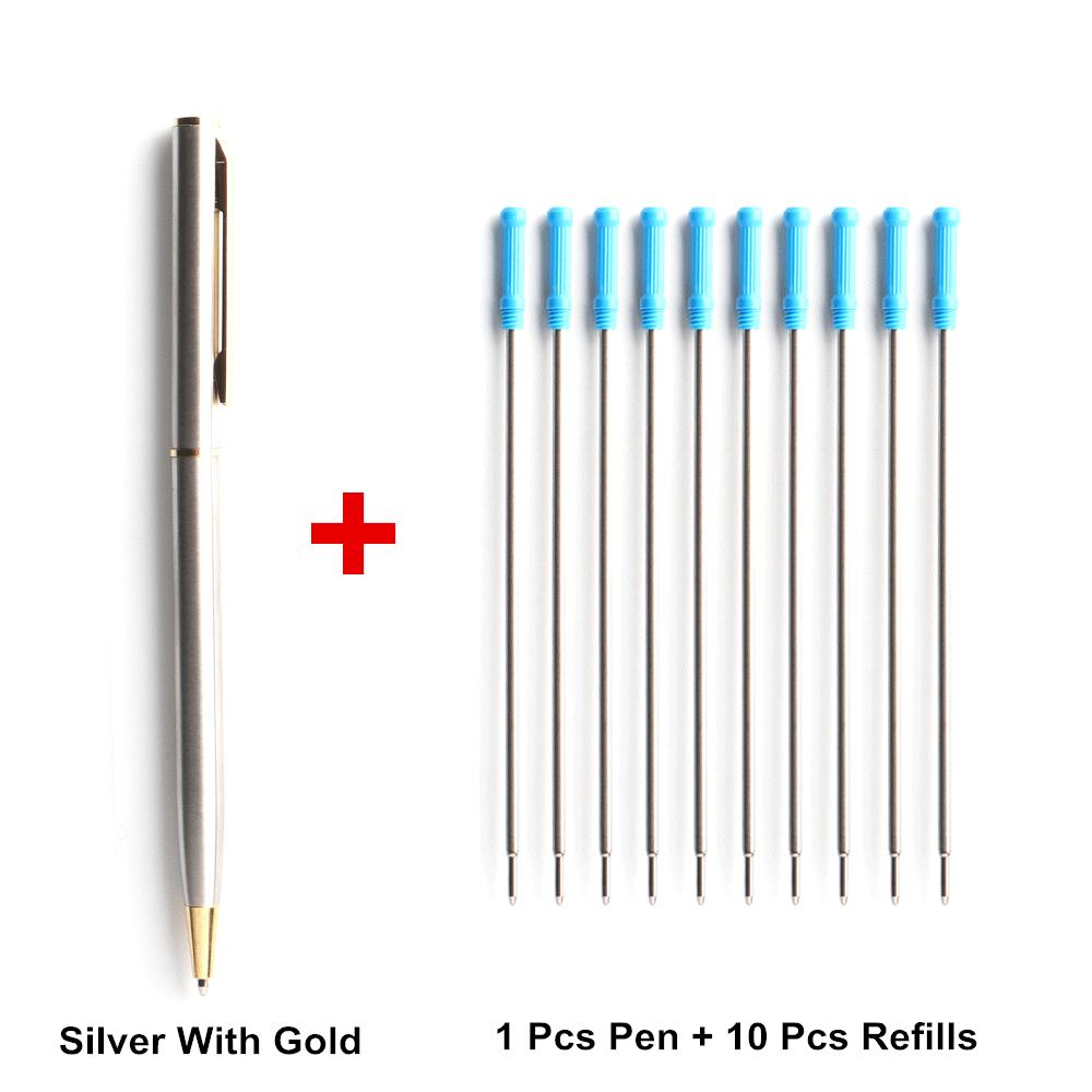 1 ручка + 10 стержней, металлическая шариковая ручка со стержнями для школы, офиса, материал из нержавеющей стали, вращающиеся канцелярские принадлежности, ручки