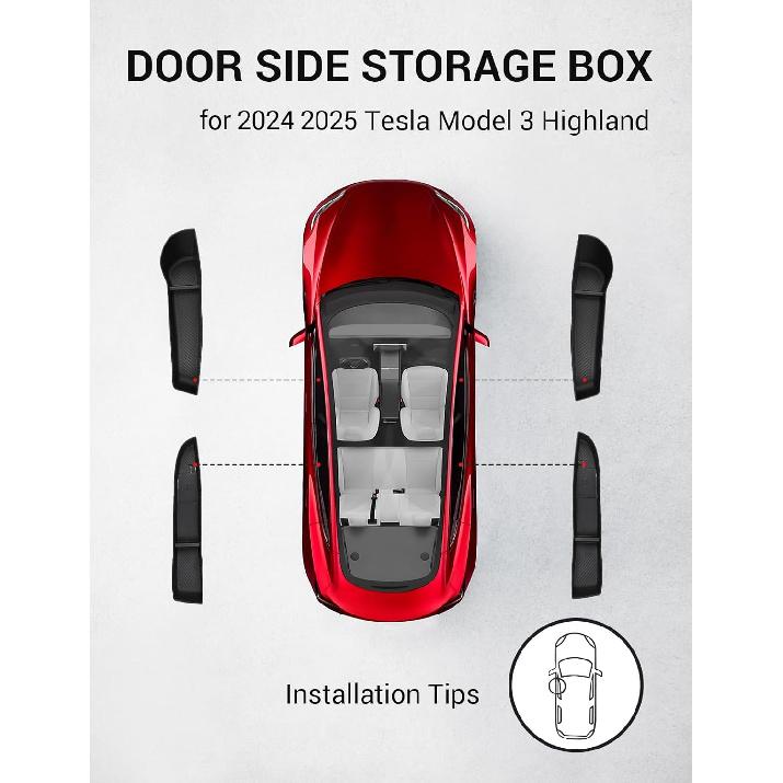 BASENOR 2026 2025 2024 Tesla Model 3 Door Side Storage Box, Door Pocket Liners, TPE Front & Rear Side Organizer Tray Protector Liner For Model 3
