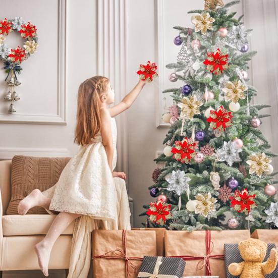 12/24 шт., рождественские искусственные цветы, блестящие листья, красные, золотые, серебряные, многослойные, рождественская елка, венок, украшение, искусственный цветок, реквизит для фотосессии для вечеринки