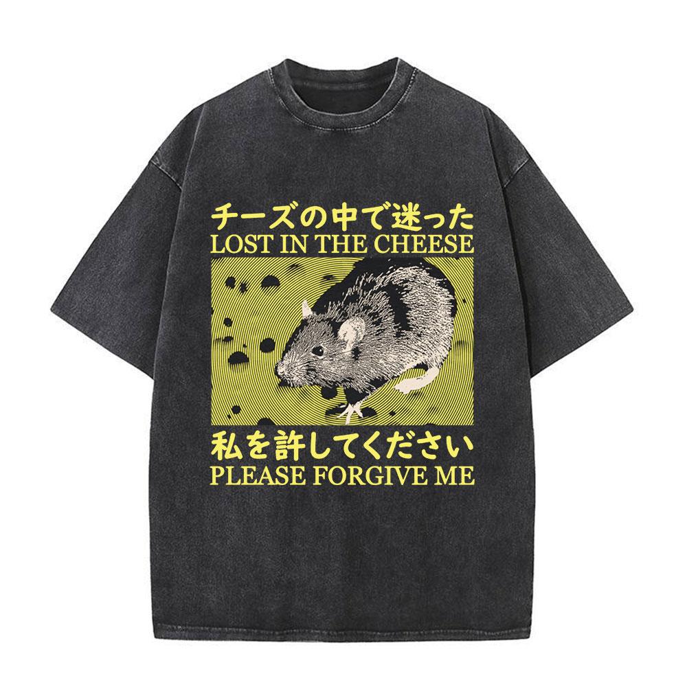 Lost In The Cheese Japanese Rat Vintage T Shirt Mens Casual Short Sleeve T-shirts Unisex Retro Washed Oversized T Shirts