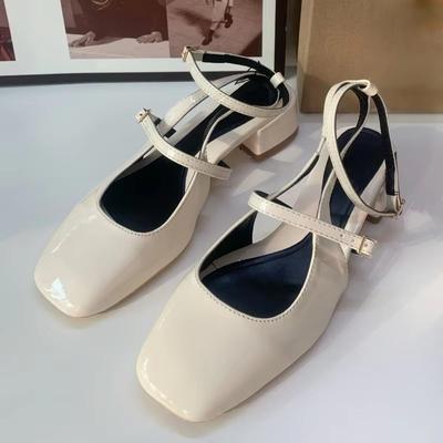 Туфли женские белые Мэри Джейн на толстом каблуке, шикарные кожаные туфли с круглым носком, 2024, осенние женские повседневные черные туфли с открытой пяткой на высоком каблуке