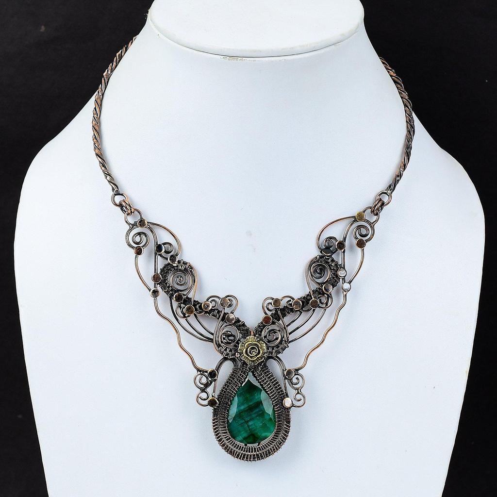 Ожерелье из ограненного замбийского изумруда, обернутое медной проволокой, ювелирные изделия из драгоценных камней, регулируемое ожерелье, обернутое вручную медной проволокой, подарок для матери