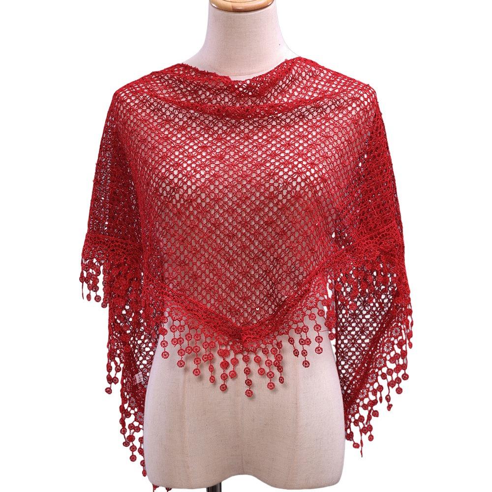 Breathable Tassels Lace Head Scarf Elegant Lace Flower Polyester Hollow Triangle Scarf Triangular Sequin Decor Scarf