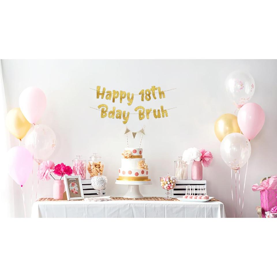 Happy 18th Bday Bruh Gold Glitter Banner - 18th Birthday Party Supplies, Ideas, Gifts and Decorations