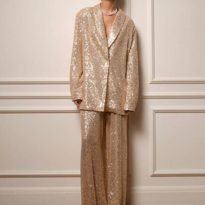 Элегантный пиджак с пайетками и брюками, комплект из 2 предметов, женское блестящее пальто с длинным рукавом и лацканами на одной пуговице, широкие брюки, новый подходящий костюм