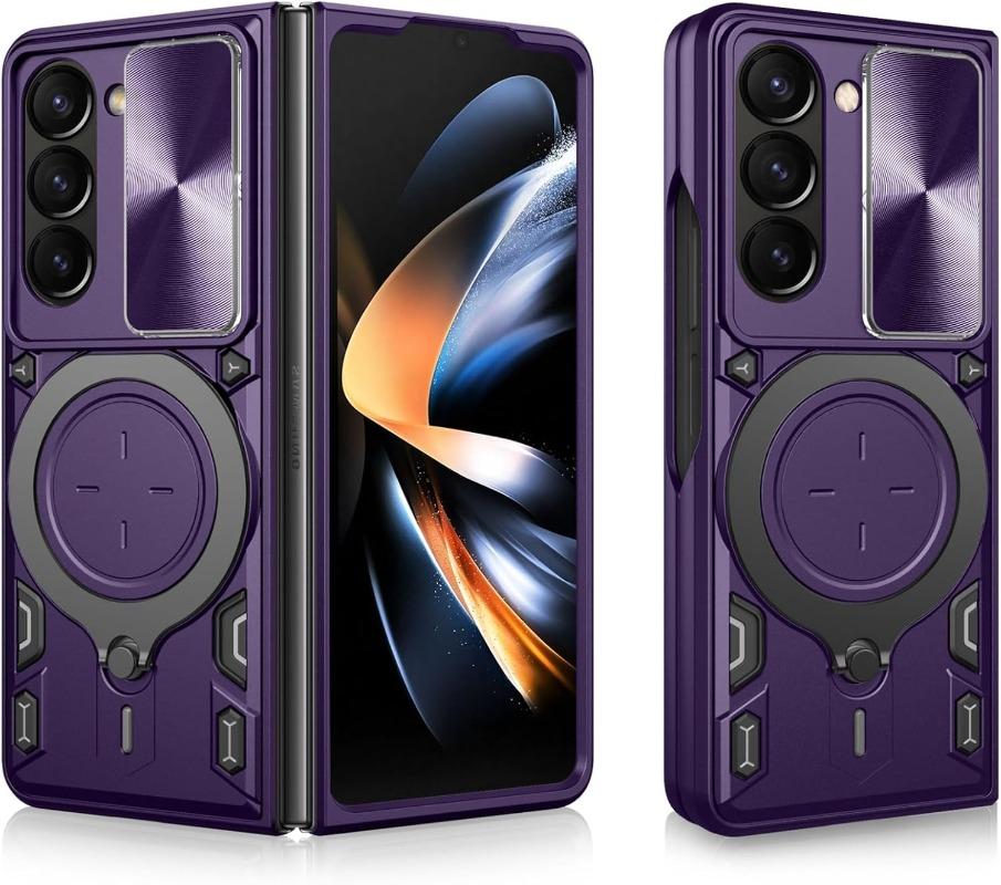 Чехол для Samsung Galaxy Z Fold 7 6 5 с магнитным креплением для камеры, защитным кольцом и подставкой на 360 градусов.