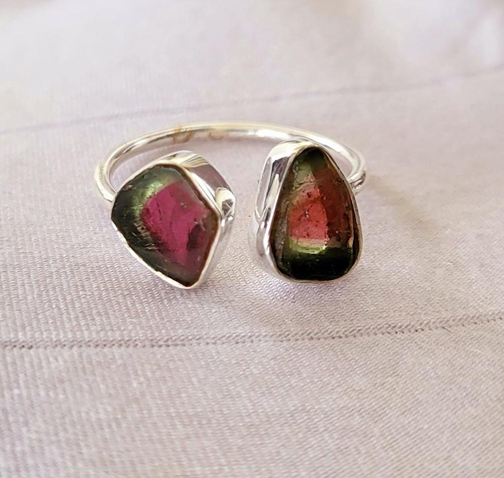 Natural Two Raw Watermelon Tourmaline 925 Sterling Silver Ring 7 US Gift, A 52