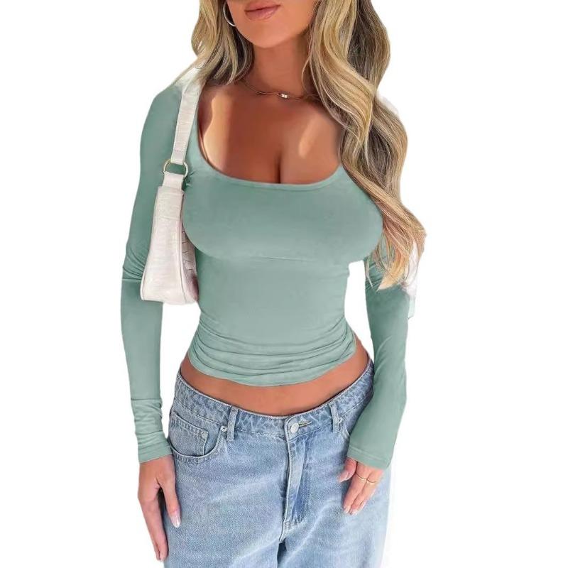 Women's Y2K Slim and Skinny Solid Colour U Neck Long Sleeve Top