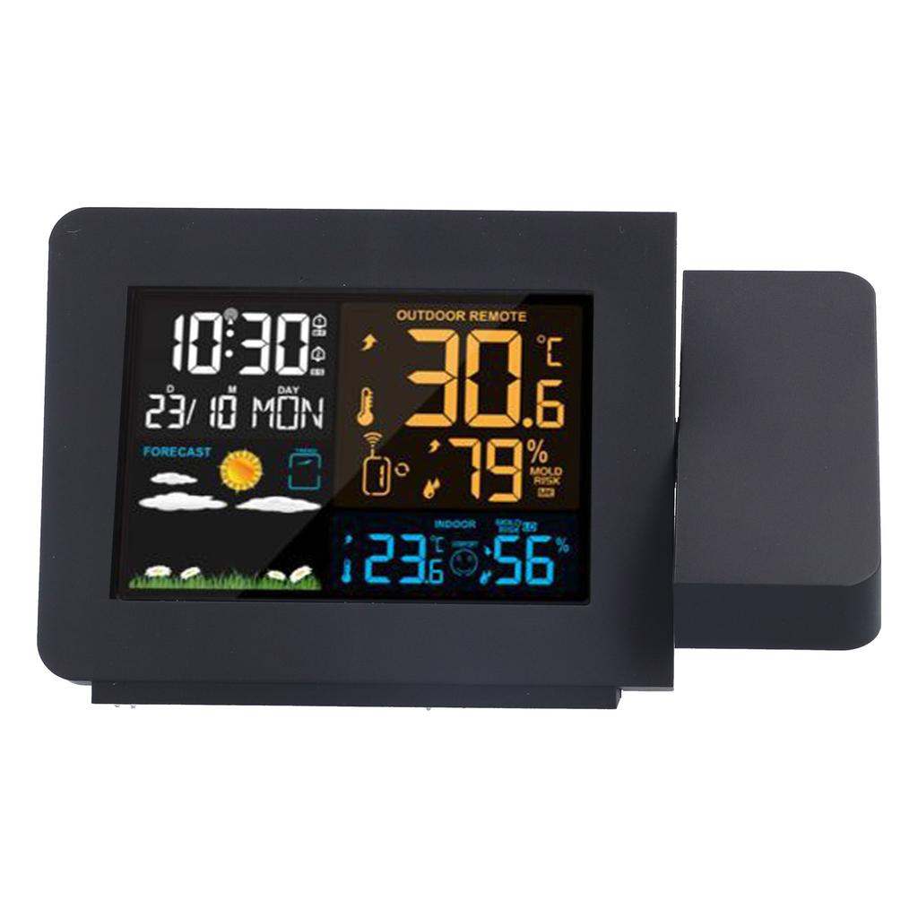 Multifunctional Weather Clock Projected Color Screen Black Portable Humidity Thermometer