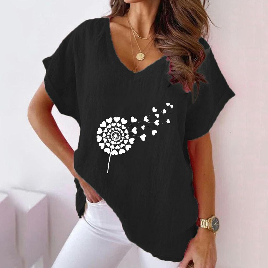 Лето 2023, женская повседневная хлопковая конопляная футболка с v-образным вырезом и принтом одуванчика «Летучая мышь» и короткими рукавами