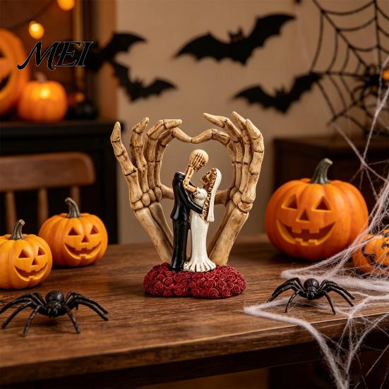 Skeleton Couple Separation Decor And Hand Ornament, with Rose Base, Durable Hands Heart Ornament Resin Gothic Skull Wedding Decor, for Halloween