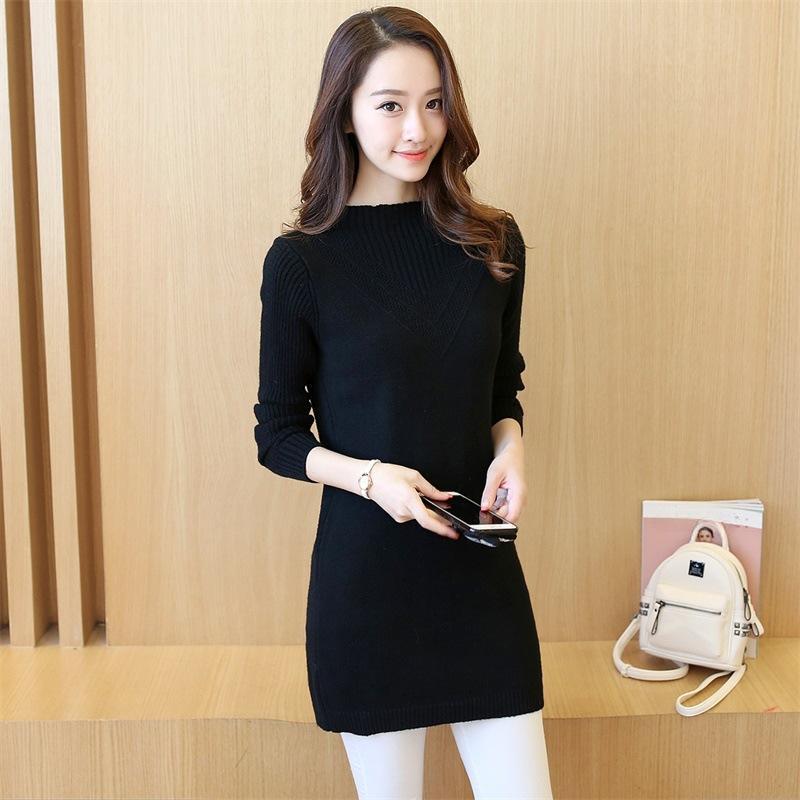 Korean Sweater Women Half Turtleneck Pullover Mid-length Knitted Sweater Women's Knitwear Solid Color Thick Jumper Sweater Autumn and Winter