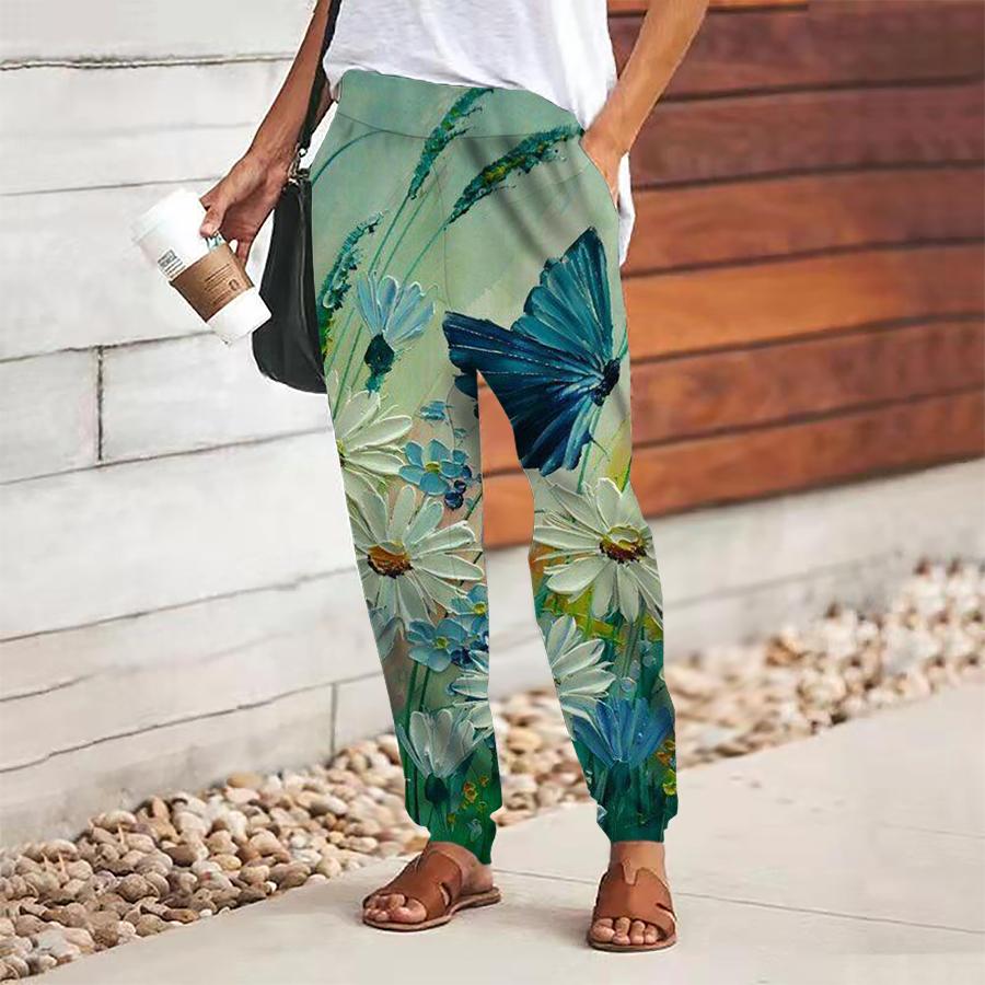 Women Flower Printing Pants Lace Up Elastic Waist Loose  Trousers Casual Long Pants Trousers with Pockets
