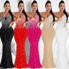 Европейская и американская мода Стразы Ночной клуб Сексуальное Длинное платье на тонких бретельках без рукавов