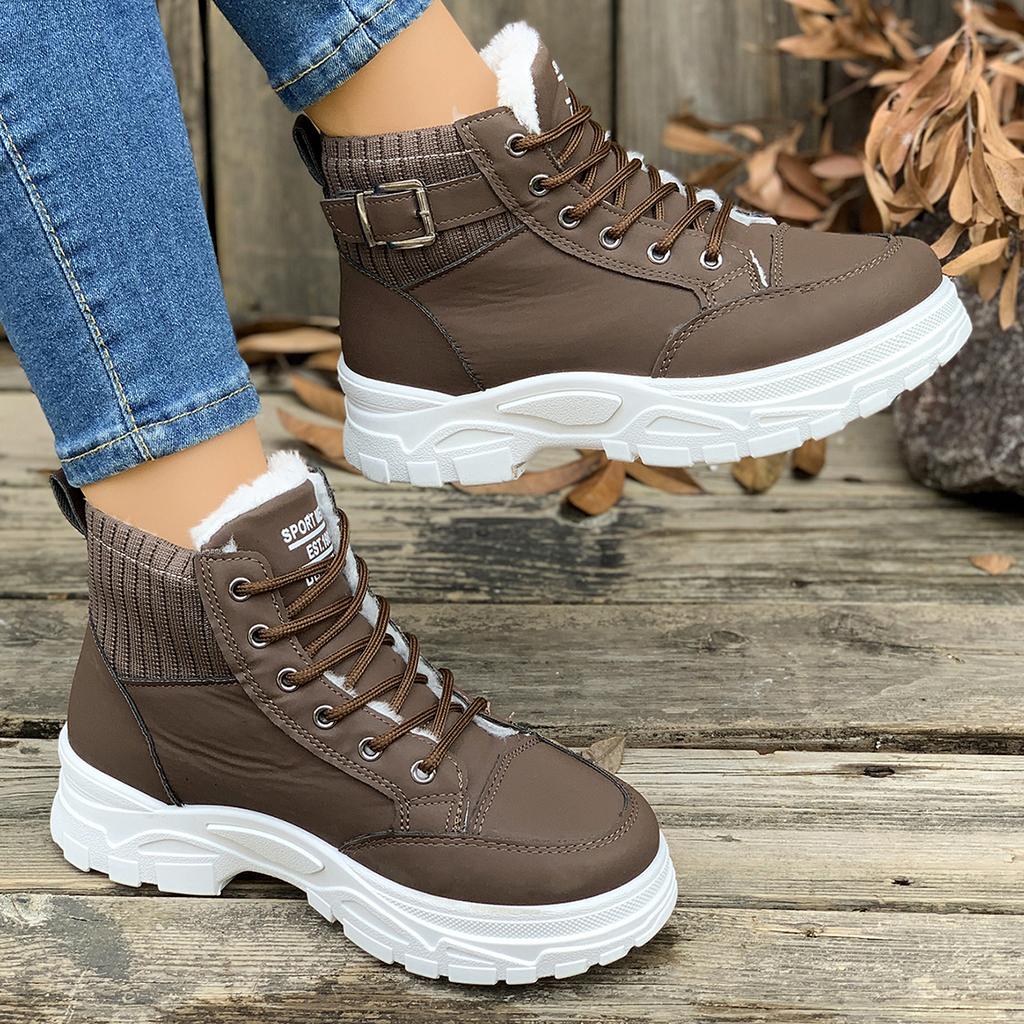 Модные женские теплые ботинки на среднем каблуке, зимние студенческие ботинки на плоской подошве для ходьбы, однотонные ботинки на шнуровке, повседневная спортивная обувь