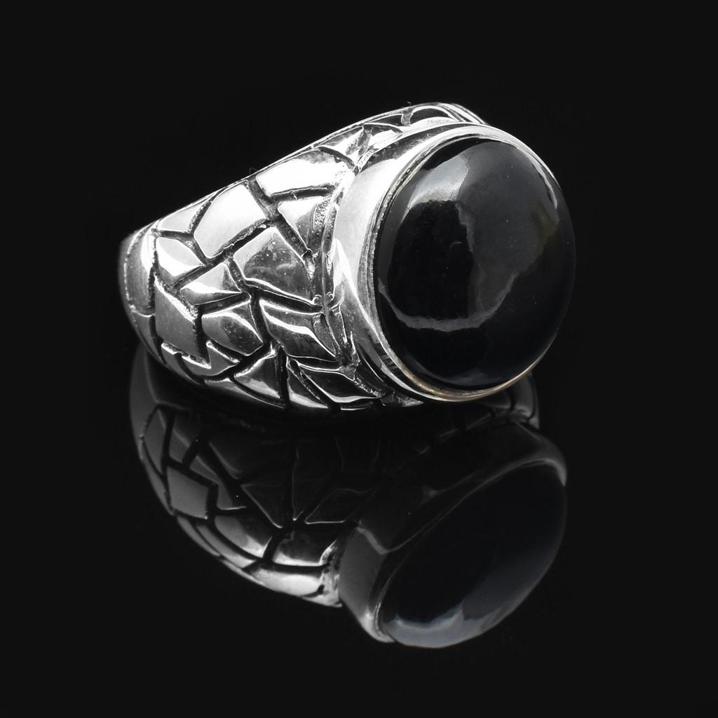 Statement Ring 925 Sterling Silver Natural Black Onyx Gemstone Handmade Engraved Wide Shank Men's Ring