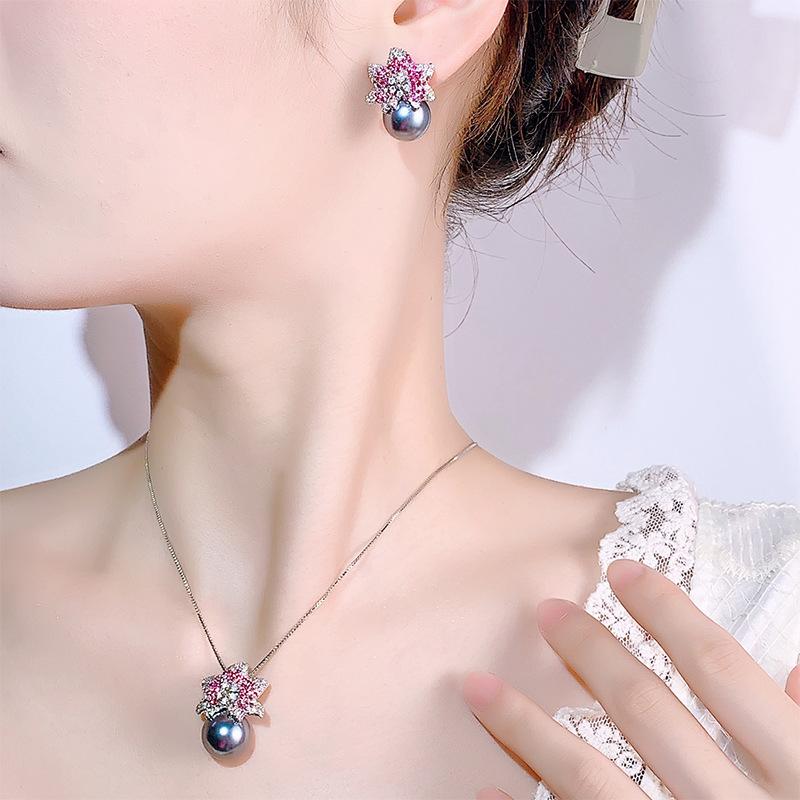 Autumn and winter new European and American light luxury elegant pearl set S111 silver needle earrings necklace zircon petals women's