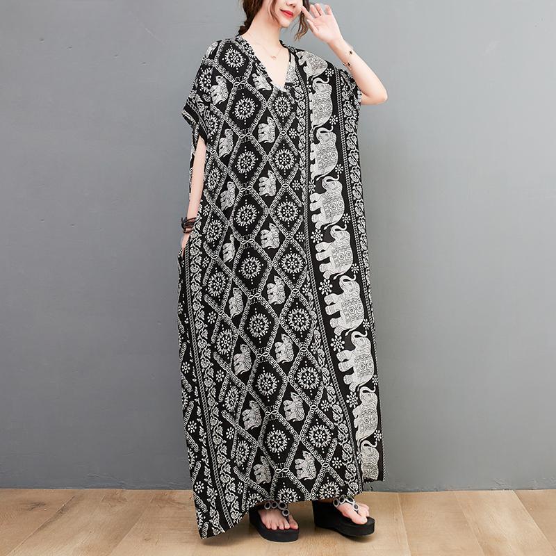 Плюс размер Новое летнее платье Цветочное льняное V-образное вырезное повседневное женское большое повседневное черное платье большого размера
