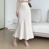 Women Fishtail Skirt High Waist Fishtail Hem Maxi Skirt Solid Color Retro Satin Texture Hip Wrapped Skirt
