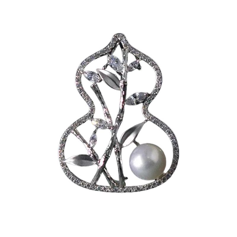 Chinese Style Gold-Plated Gourd and Bamboo Brooch with Zircon and Pearls