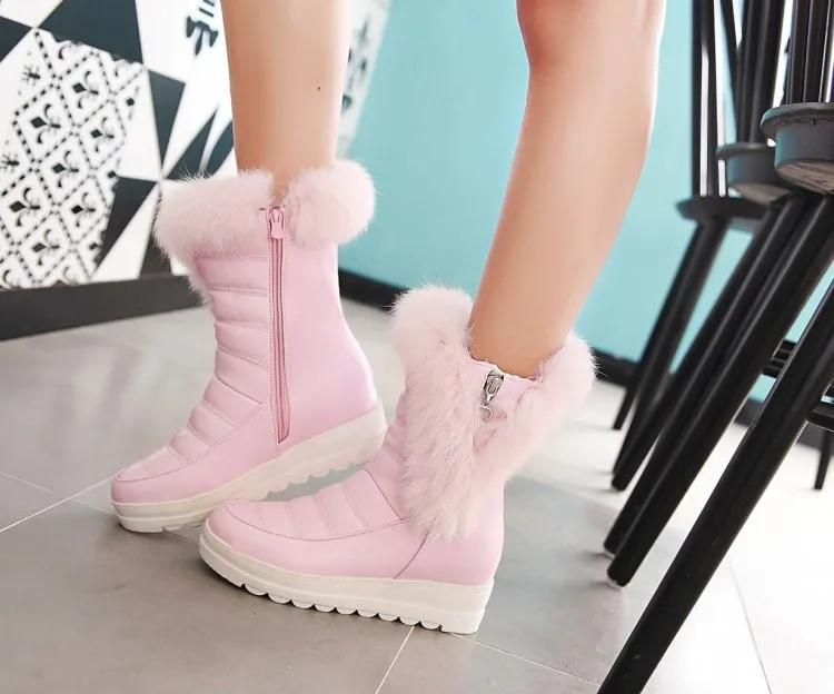Мода 2025 Новые женские ботильоны из кроличьего меха на танкетке, на платформе, водонепроницаемые зимние сапоги, толстые плюшевые теплые зимние женские ботильоны, женская обувь