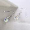 Iridescent AB Aurora Borealis Square Faceted Crystal Charm Drop Earrings Silver Wire Hook Dainty Casual Ladies Accessories
