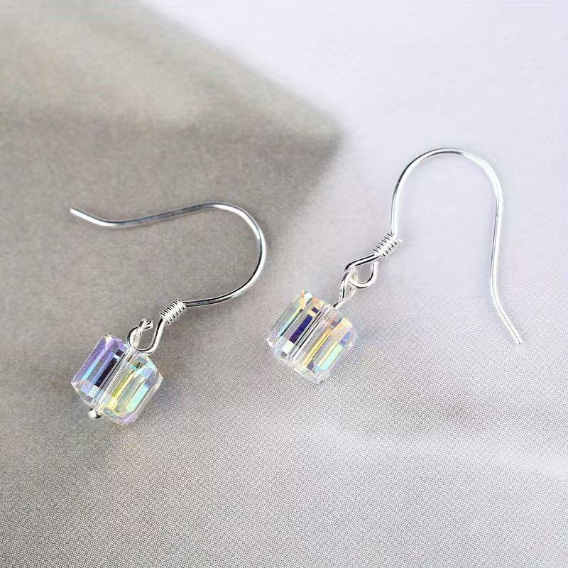Iridescent AB Aurora Borealis Square Faceted Crystal Charm Drop Earrings Silver Wire Hook Dainty Casual Ladies Accessories