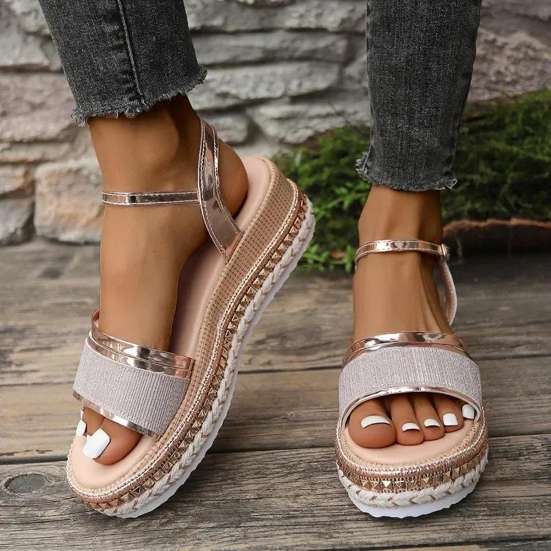Женская обувь Женские сандалии с пряжкой на ремне Модные повседневные сандалии с открытым носком Женские летние босоножки на танкетке больших размеров