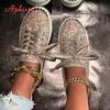 Fashion Aphixta 2025 New Sequined Lace Up Shallow Woman Shoes Silver Loafers Spring Woman Fashion Shoes Sewing Casual Shoes For Woman