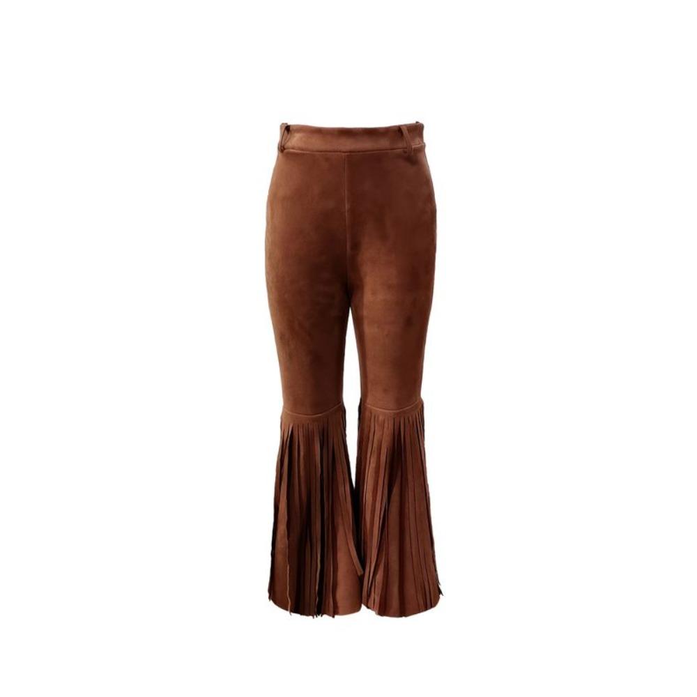 Solid Color Suede Tassel Pants Fringe Hem Slim Fit Flare Pants Retro High Waist Trousers Party