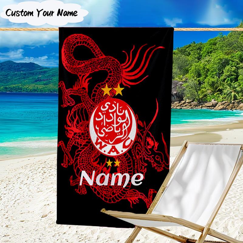 1PC Custom Name Beach Towel Wydad Football Club Crest Beach Towel, Suitable for Camping, Travel, Beach Accessories, Super Absorbent, Family Gift