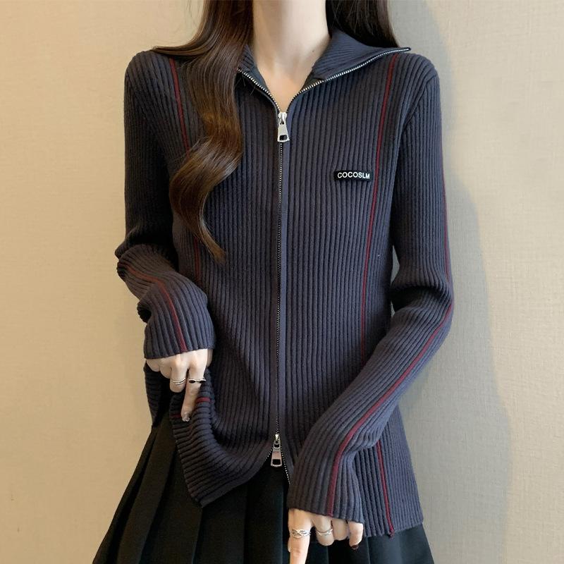 Черный вязаный кардиган для женщин на осень и зиму, новый корейский стиль, дизайн, двойная молния, топ с лацканами