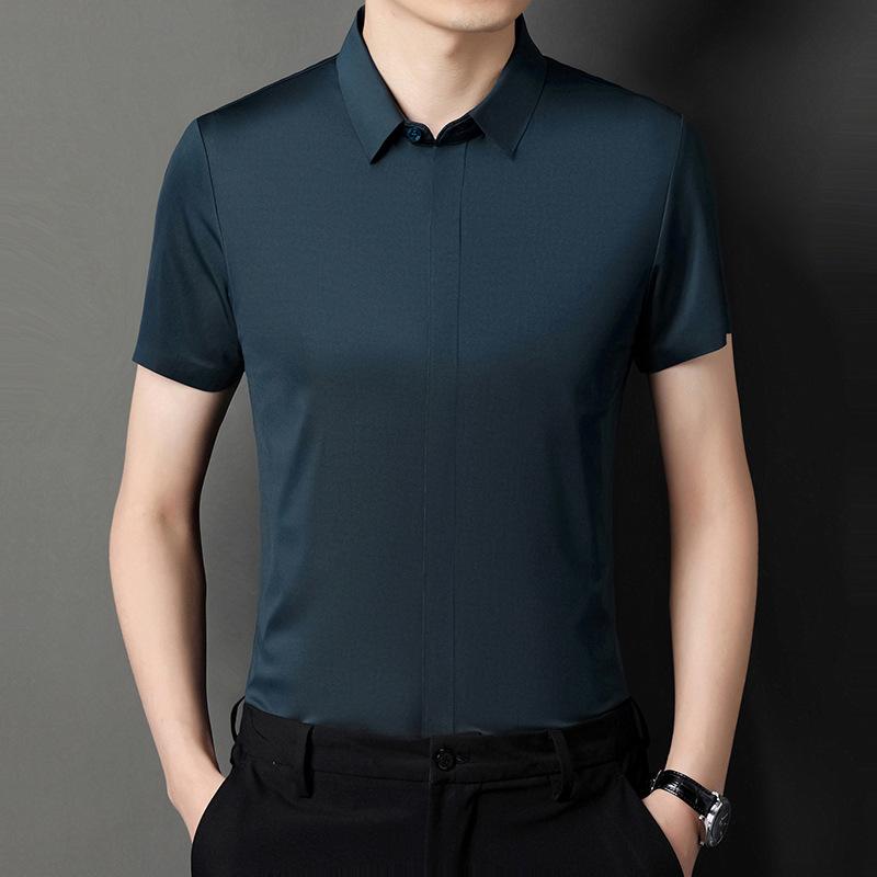 Бесшовная мужская рубашка с короткими рукавами, летняя однотонная одежда для отдыха без железа, тонкая рубашка для папы среднего возраста, мужская рубашка