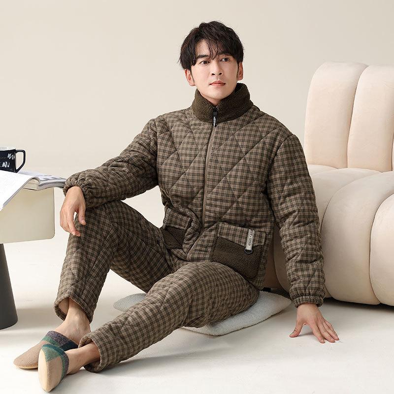 Pajamas Men'S Winter Three-Layer Thickened Fleece Pure Cotton Padded Jacket Men'S Autumn And Winter Coral Fleece Ultra-Thick Loungewear