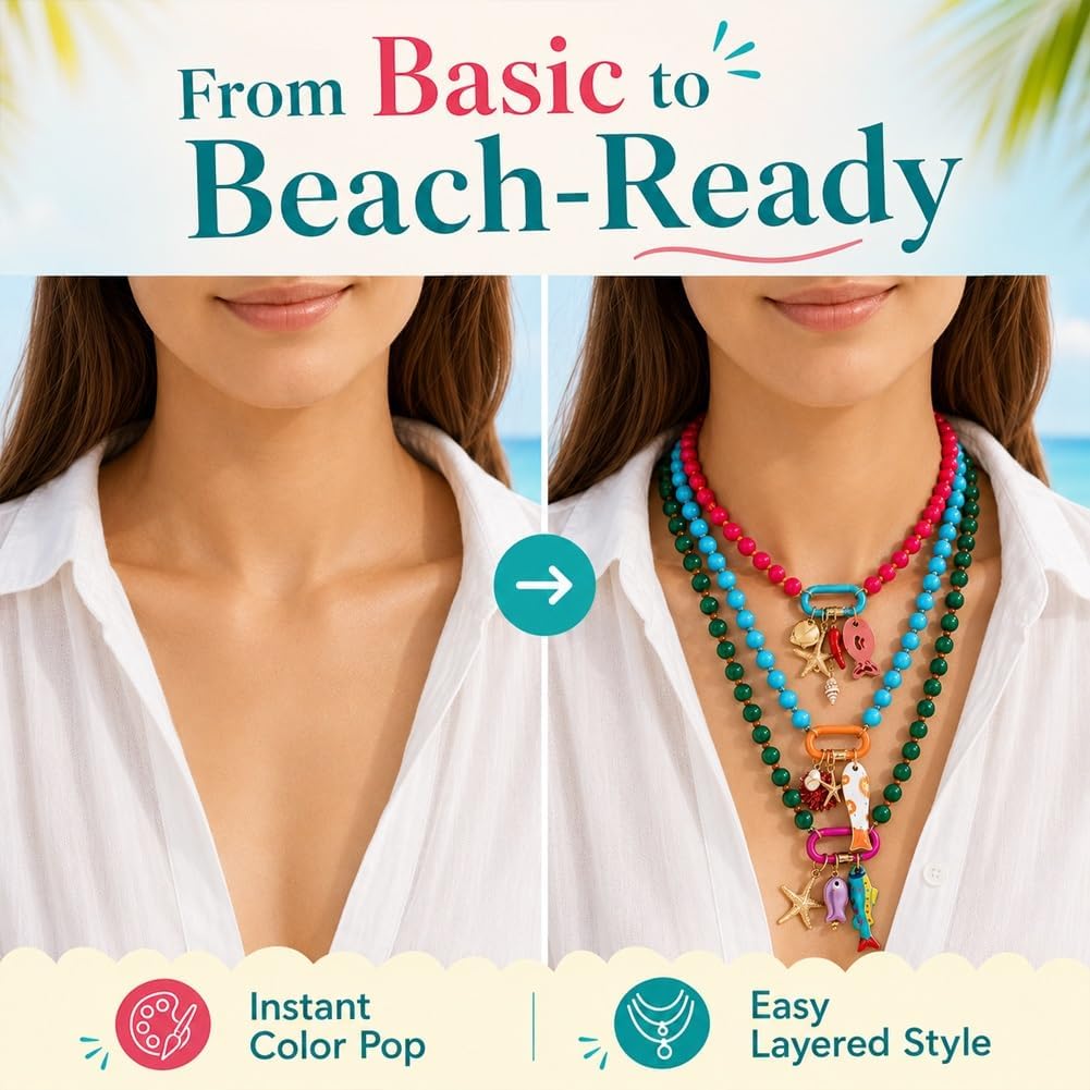 3pc Summer Layered Beaded Dopamine Necklace Set - Colorful Fish and Starfish Charms, Chunky Stack Layering Beach Style Multi-layer Resin Pendant