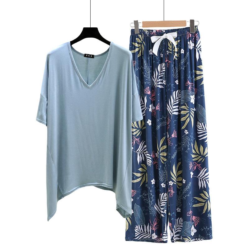 Необычная футболка и широкие брюки с цветочным принтом летние женские повседневные пижамные комплекты Костюм для дома с коротким рукавом Свободный легкий костюм для отдыха Большие размеры