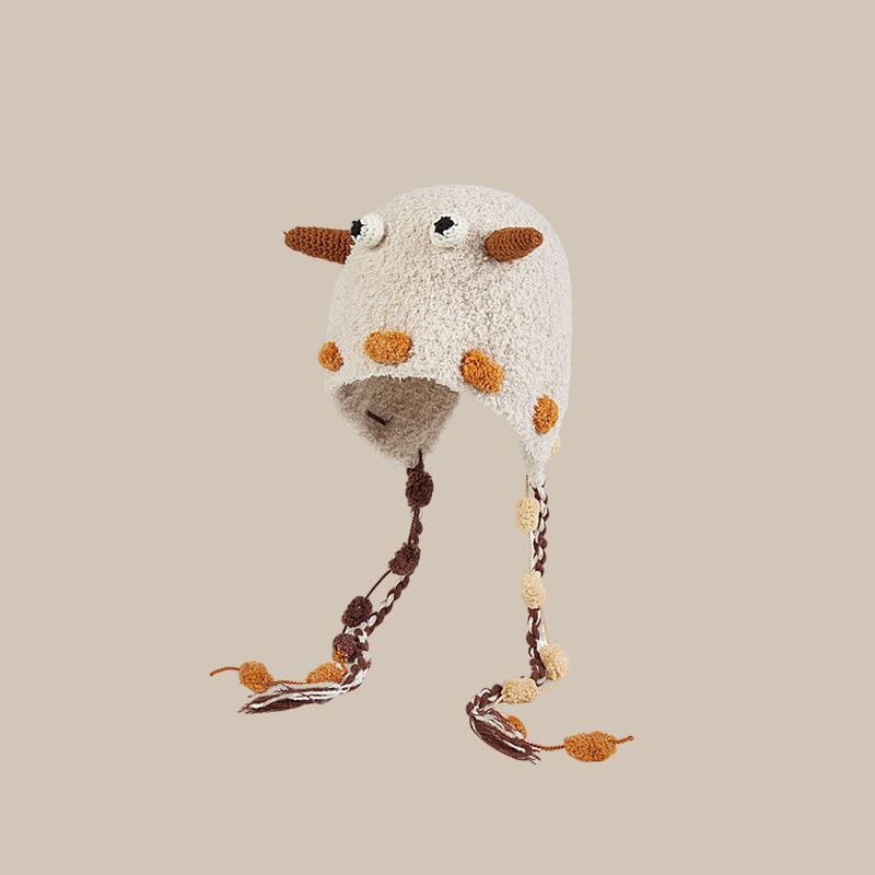 Hand crocheted cute little monster plush hat women's autumn and winter warm ear protection hat big head circumference funny cycling bag head hat