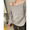 Gray Oblique Off-shoulder Long-sleeved T-shirt for Women In Early Autumn Loose One-shoulder Loose-feeling Hot Girl Sexy Unique Temperament Top