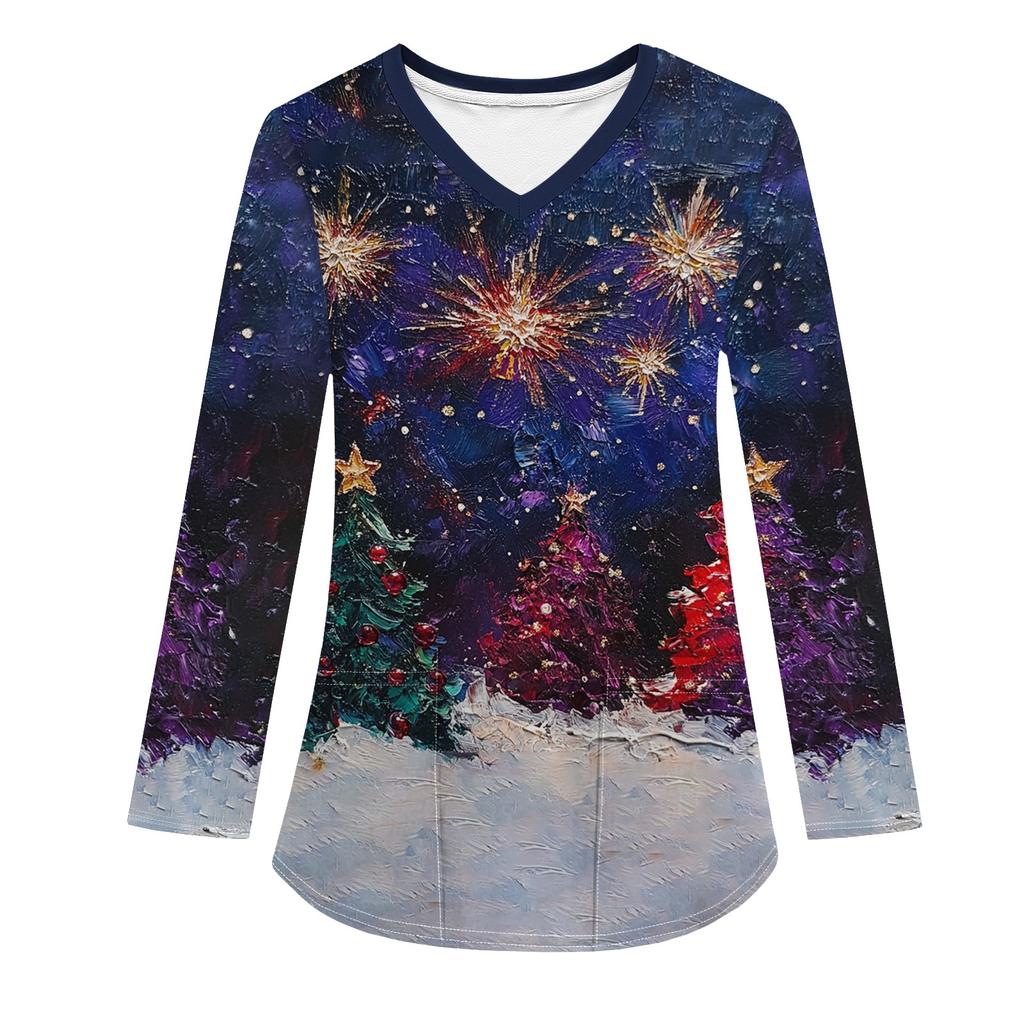 Женская модная рабочая одежда с V-образным вырезом, длинным рукавом и карманом, рождественский принт, футболка, топ