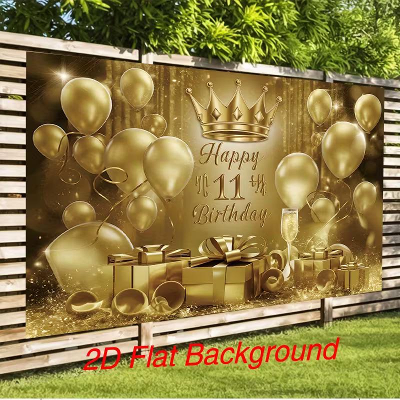 2D 11th Birthday Photography Backdrop Golden Crown & Balloon Photo Booth Banner