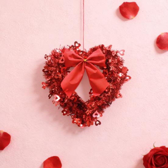 Tinsel Heart Shaped Wreath with Bow for Front Door Valentine's Day Red Pink Heart Wreath
