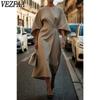 VEZFAA Women's Fashion Spring Fall Solid Color Print 3/4 Sleeves O-Neck High Waist Casual Dresses