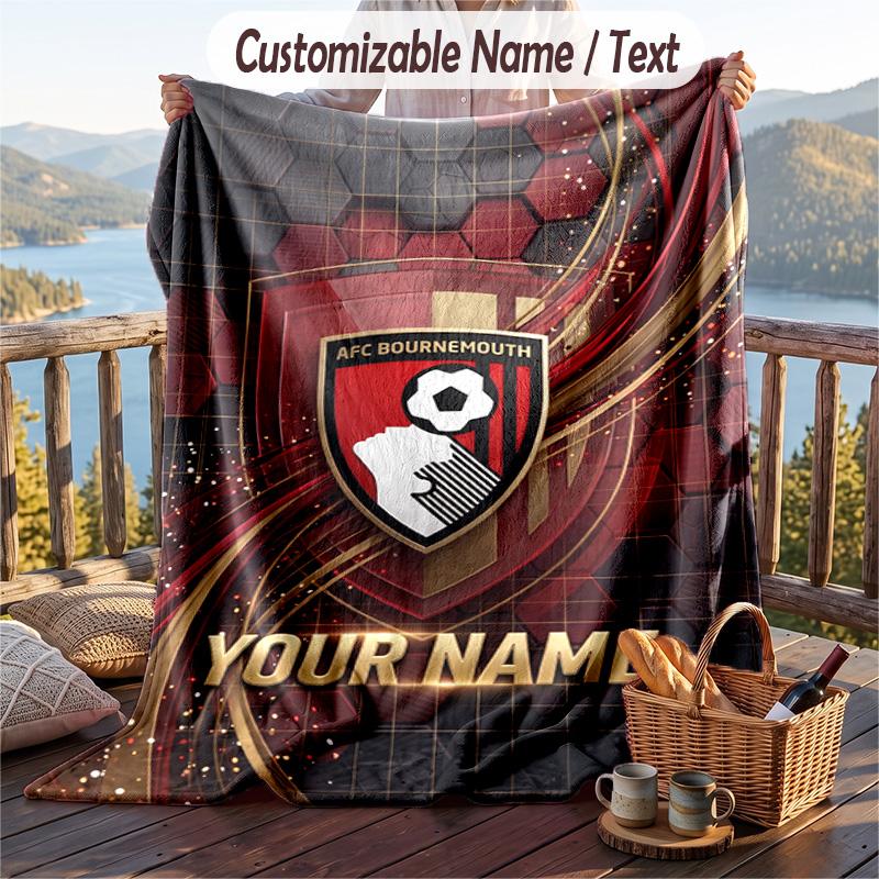 Flannel Blanket Bournemouth Football Print Custom Name Text Soft Throw for Sofa Bed