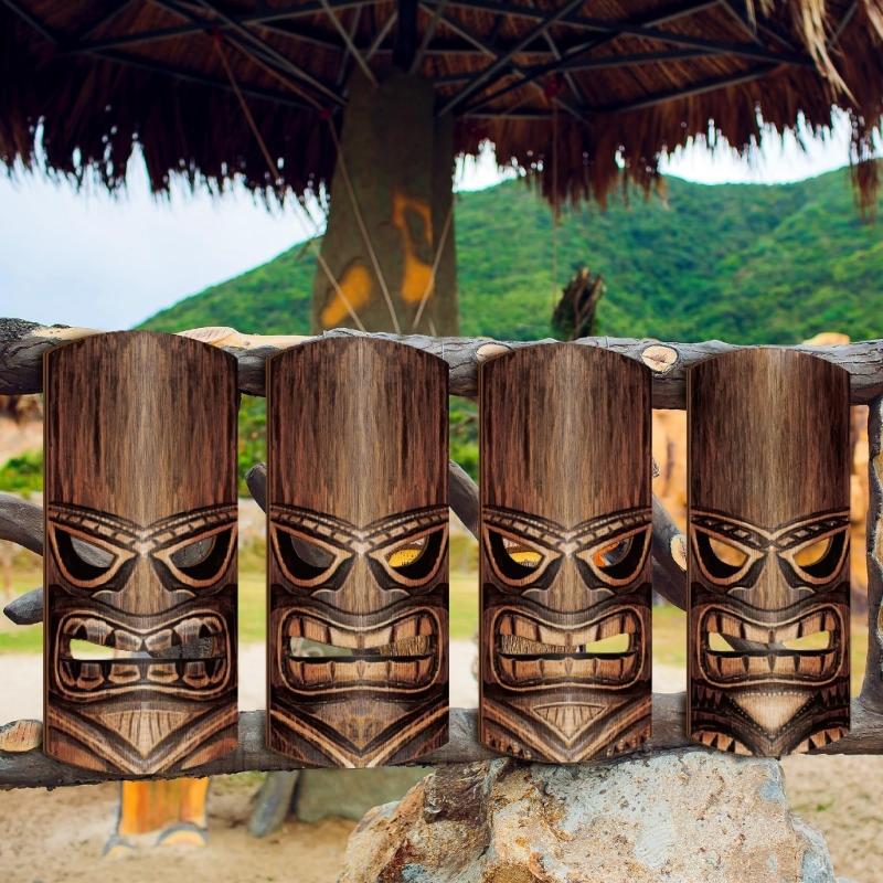 Pack of 4 Hand Carving Wooden Mask Wall Hangings Polynesian Themed Home Decorative Item for Indoor and Outdoor Space