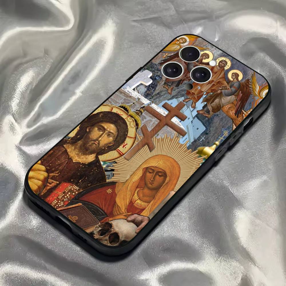Икона Православного Креста Чехол для Телефона Церковь Для iPhone 16,15,14,13,12,11,Pro,Max,Plus,X,XS,SE4,E,Mini,Мягкий Черный Чехол