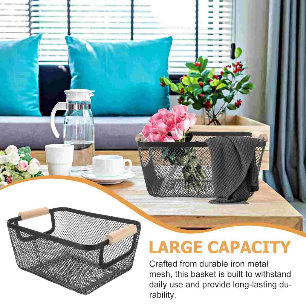 Металлическая сетчатая корзина для хранения с деревянной ручкой, контейнер, универсальный кухонный органайзер для спальни, ржавчина