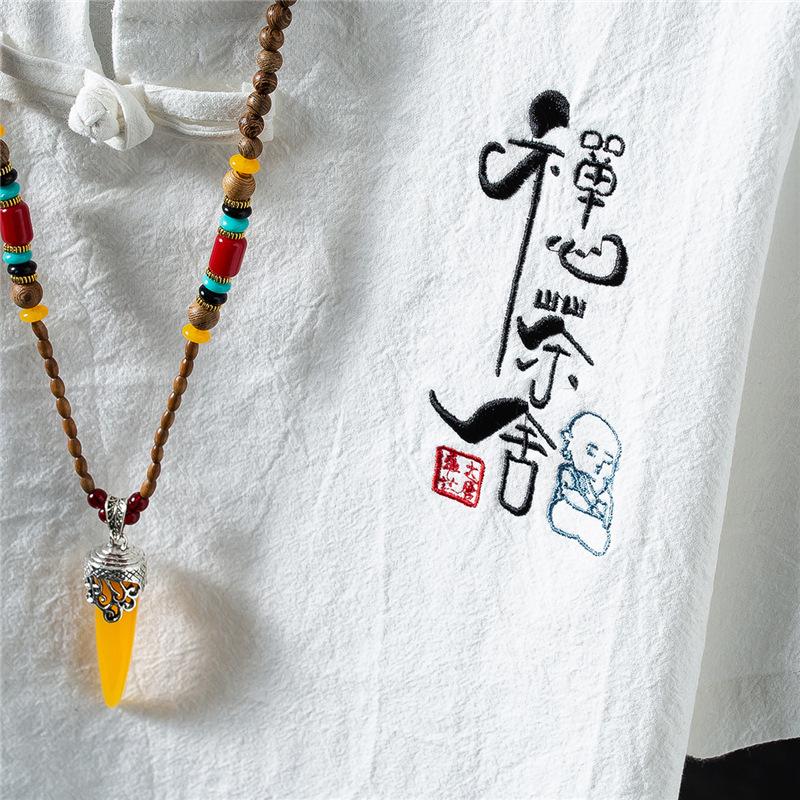 Летний мужской повседневный костюм в китайском стиле, однотонная мужская футболка с короткими рукавами из хлопка и льна с вышивкой в стиле ретро, мужской костюм